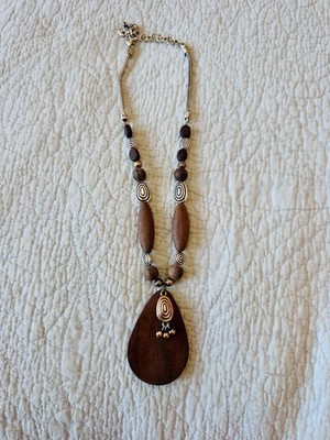 Brighton Silver Tone Wood Pendant & Beads Necklace