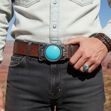 Men Women Western Fashion Belt Buckle Silver Metal Turquoise Blue Bead Festival