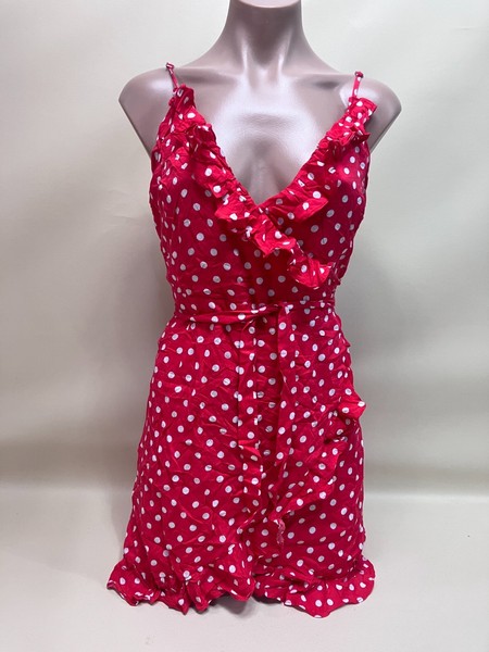 Seven Wonders Size 12 Red Polka Dot Wrap Mini Dress Ruffle Casual Festival Retro
