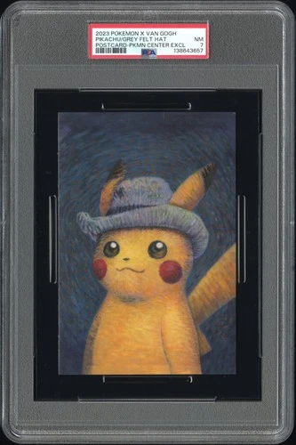 2023 POKEMON X VAN GOGH POSTCARD PIKACHU WITH GREY FELT HAT PSA 7