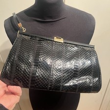 Vintage Ackery London Black Snakeskin Leather Clasp Closure Handbag 1960?s 