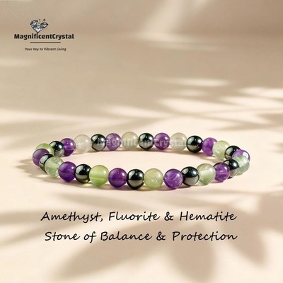 Balance Protection Bracelet 6mm Beads Amethyst Fluorite Hematite Crystal Jewelry