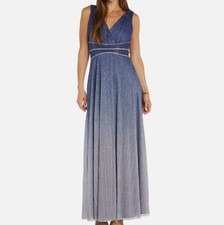 R M Richards Women Blue Ombre Metallic V-Neck Sleeveless Gown Dress Size 12
