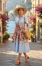 NWT Tahari ASL Floral Placement Print Crinkle Belted Shirtdress Ice Blue Size 6