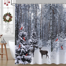 Winter Snow Christmas Shower Curtain, Forest Deer Cardinal Pine Tree Snowflake N