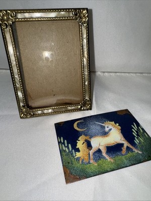 Vtg 4.5  Brass Filigree Picture Frame Mother of Pearl Inlay W/Limoges Unicorn