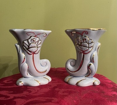 Vintage Pair Light Blue Gilt Ceramic Cornucopia Horn Vases Raised Rose Design