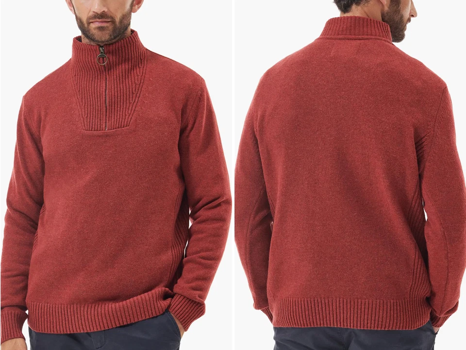 Barbour Wool Sweater Men Large Red Nelson Half Zip Mock neck Pullover Ribb Cuffs - Image 2 of 4