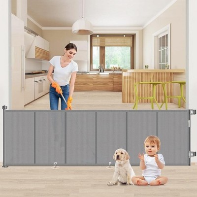 EZIGO 120'' Retractable Extra-Wide Baby Gate   Gray, Indoor/Outdoor