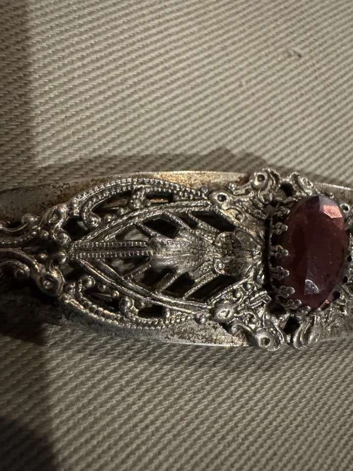 Антикварная винтажная заколка для волос серебристого цвета филигранные и фиолетовые стразы 3,5 дюйма - Изображение 3 из 4