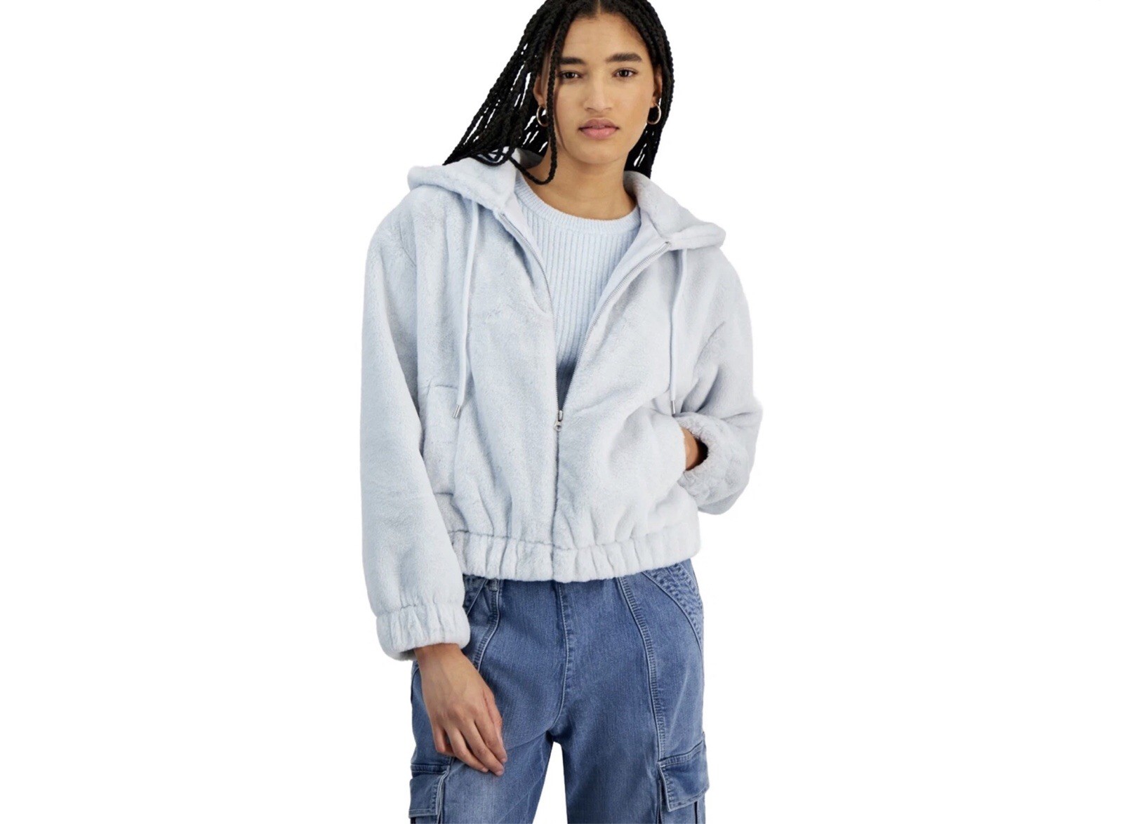 Planet Heart Light Blue Faux Fur Full Zip Jacket Bomber Hoodie Sz L NWT