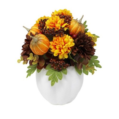 Herbst Blumengesteck Herzstück weiß Keramik Vase Kürbis Herbstdeko