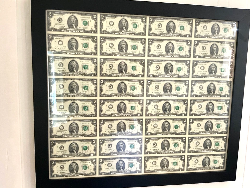 32 ~ $2 Dollar Bills Uncut Sheet Professionally Framed Series 2013 UNCIRCULATED - Image 4 of 4