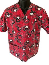 Uniform City Scrub Top Women's Small Red Black White Hearts V-Neck Short Sleeve