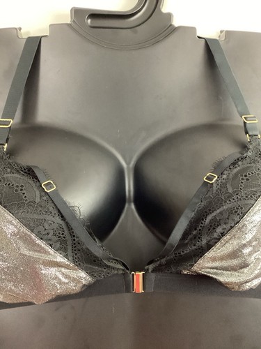 36DD Cacique Lane Bryant Front Close Bralette Nylon Metallic Silver Lace Racer - Picture 3 of 10