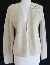 Vtg Adele Joyce Open Cardigan Sequin Trim Light Beige Wool Blend Size L US M