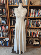 Vintage 70s Joseph Magnin Tan Polyester Sleeveless Maxi Dress Gown Needs Repair