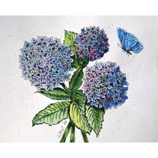 Original modern painting Hydrangea Flower Butterfly Watercolor hand painted art