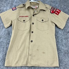 VINTAGE Boys Scouts Uniform Shirt Boys Medium Beige Button Down Made In USA 90s