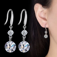 Sparkling 925 Sterling Silver Round CZ Dangle Drop Hook Earrings Women Gift