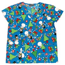 Womens Fashion Medical Nursing Scrub Printed Tops Blue Base Snowman Tree XL