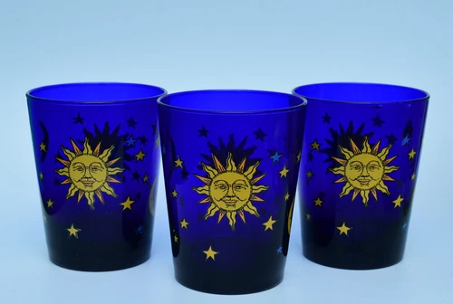 3 VTG LIBBEY CELESTIAL COBALT BLUE DOUBLE OLD FASHIONED GLASS SUN MOON STAR