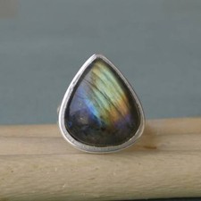 Pear Cab Green Blue Labradorite Gemstone 925 Sterling Silver Artisan Ring 7