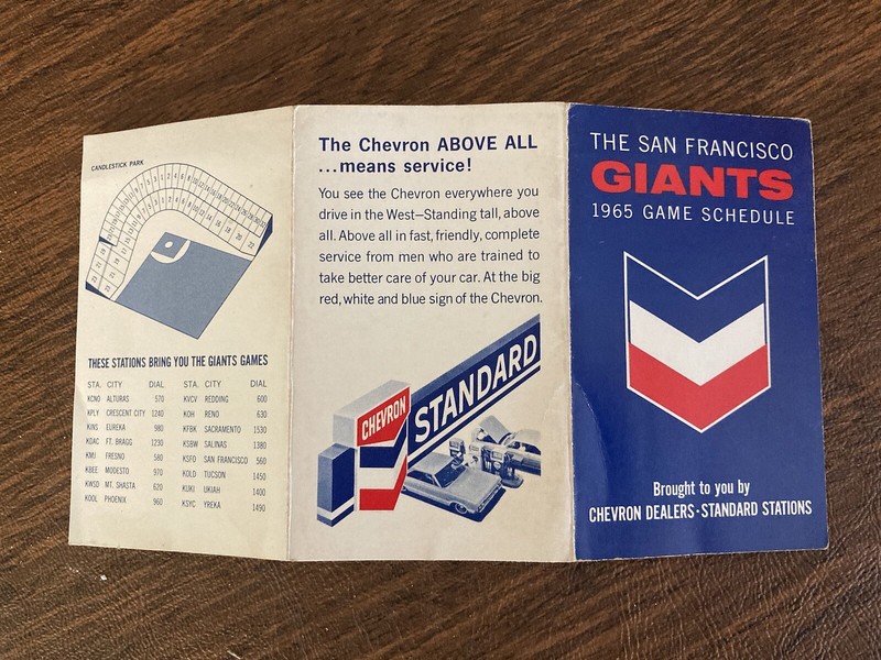 1965 SF GIANTS CHEVRON SCHEDULE -FRONT CREASE- ONE OWNER-