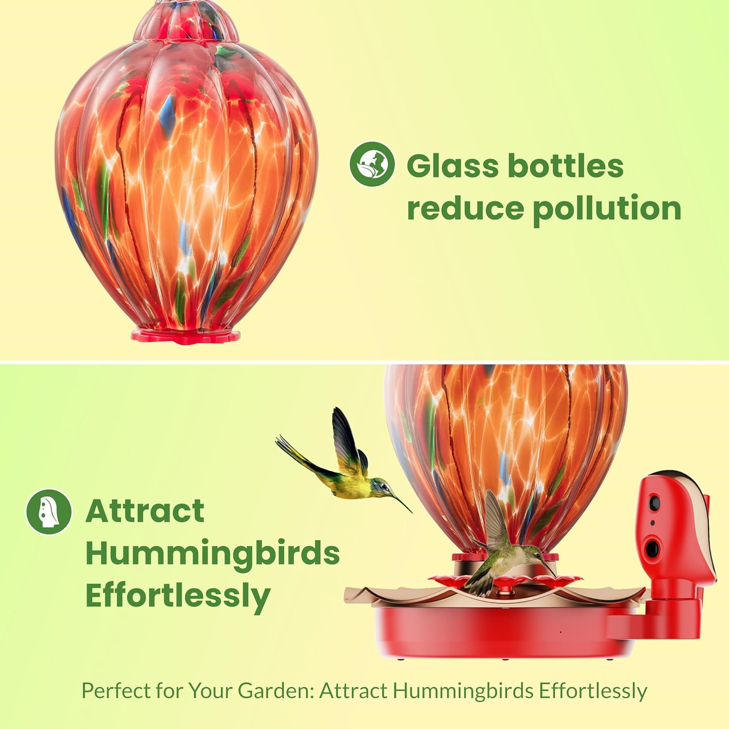 Smart Hummingbird Feeder with Camera, 2K HD Solar Panel Glass Bird Feeder with N