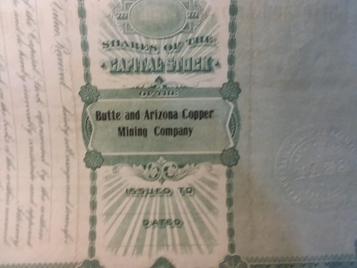 1909 Arizona Territory - Butte and Arizona Kupfer Mining Co. Lagerzertifikat - Bild 5 von 9