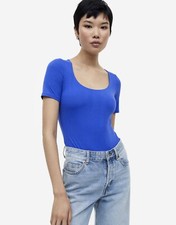 H M Women s Blue Short Sleeve Bodysuit Size M