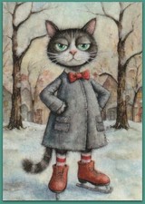 Quadro acquerello ACEO 2,5x3,5 - gatto gattino pattini da ghiaccio simpatico racconto accogliente