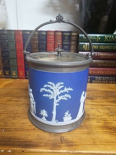 Antique Wedgwood Medium Blue Jasperware & Silver Plated Biscuit Barrel
