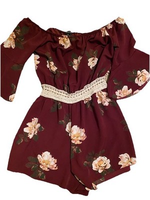 Justify Floral Romper Womens L Embroidered Waist Flare Sleeve On/off Shoulder