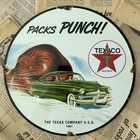 VINTAGE 1951 TEXACO PACKS PUNCH OIL COMPANY 12 INCH PORCELAIN ENAMEL SIGN