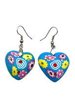 Blue-Pink Heart Multicolor Rhinestones Floral Fimo Polymer Clay Earrings Flower