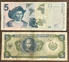 EL SALVADOR 2 DIFFERENT DESIGNS OF 5 COLONES 1990 SERIE LP + 1997 SERIE AS