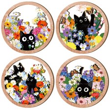 4 Pcs Cute Black Cat Wall Decor Spring Boho Floral Cat Hanging Wooden Wall Ar...