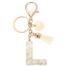 Initial Letter Keychains, Resin Cute Pendant with Heart Tassel, White-L