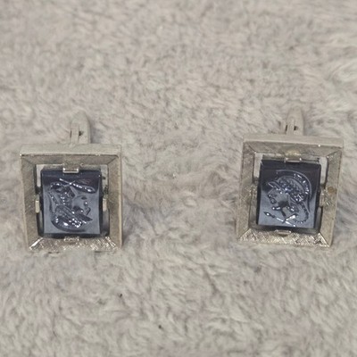 Vintage Hematite Intaglio Roman Centurion Cufflinks Silver Tone Square Spartan