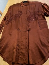 ESCADA VINTAGE LONG BLOUSE COTTON SILK IN REDDISH BROWN BEADED EMBROIDERY 34 M
