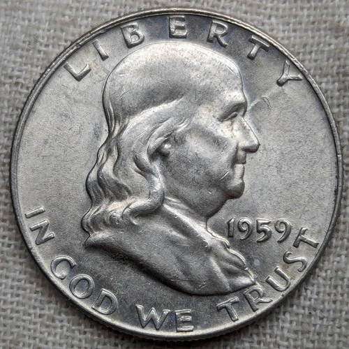 1959 D Franklin Half Dollar AU BU : Nearly FBL Full Bell Lines - .9 Fine Silver