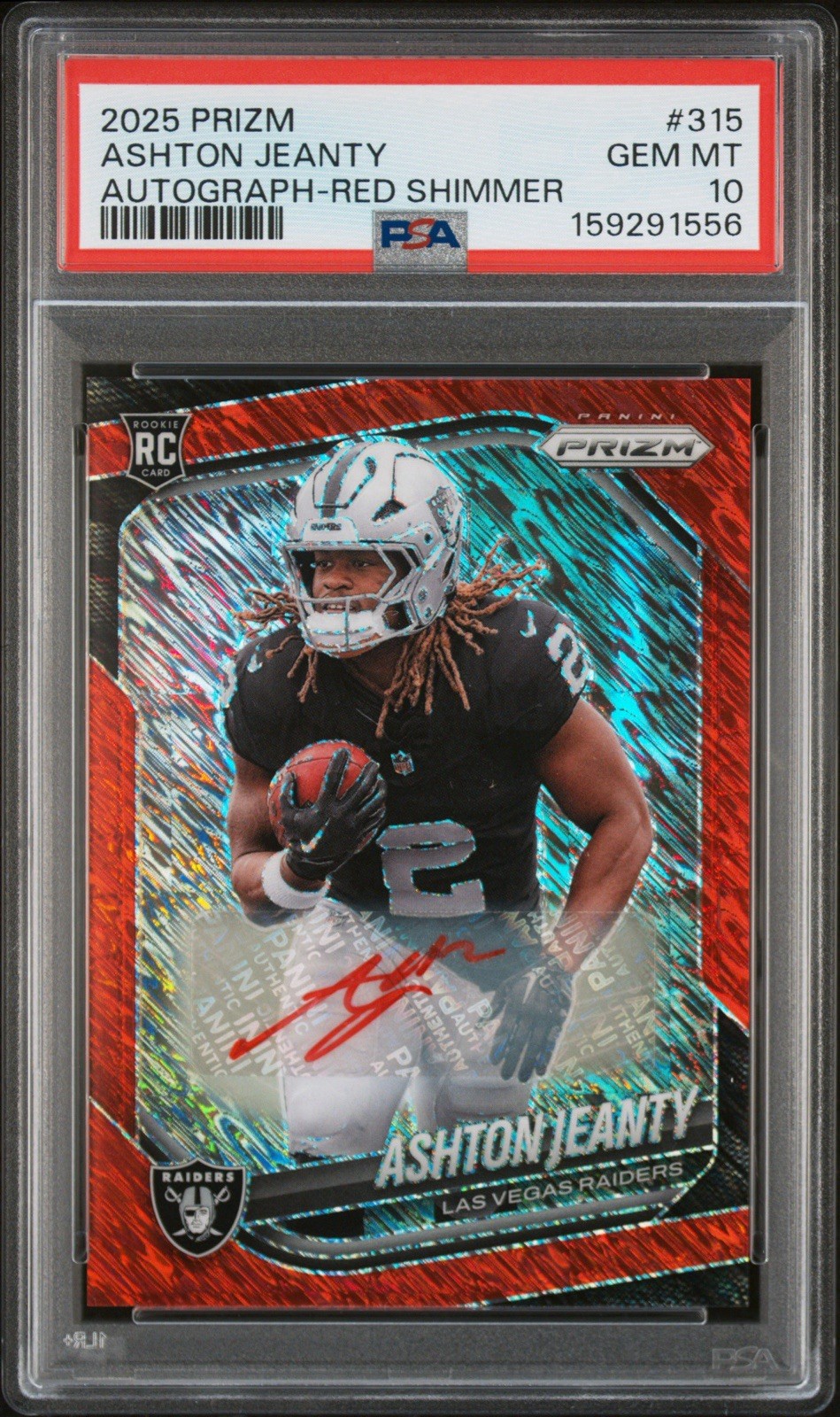 2025 Panini Prizm Rookie Ashton Jeanty #315 Red Shimmer Prizm Auto /35 Psa 10