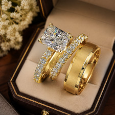 3 Ct Radiant Cut Trio Ring Bridal Set Moissanite Wedding 14k Yellow Gold Plated
