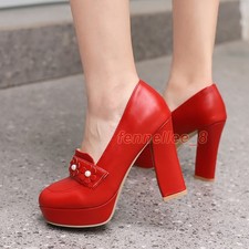 Women Party Floral Decor High Heels Round Toe Platform Pumps Block Heel US4-US12