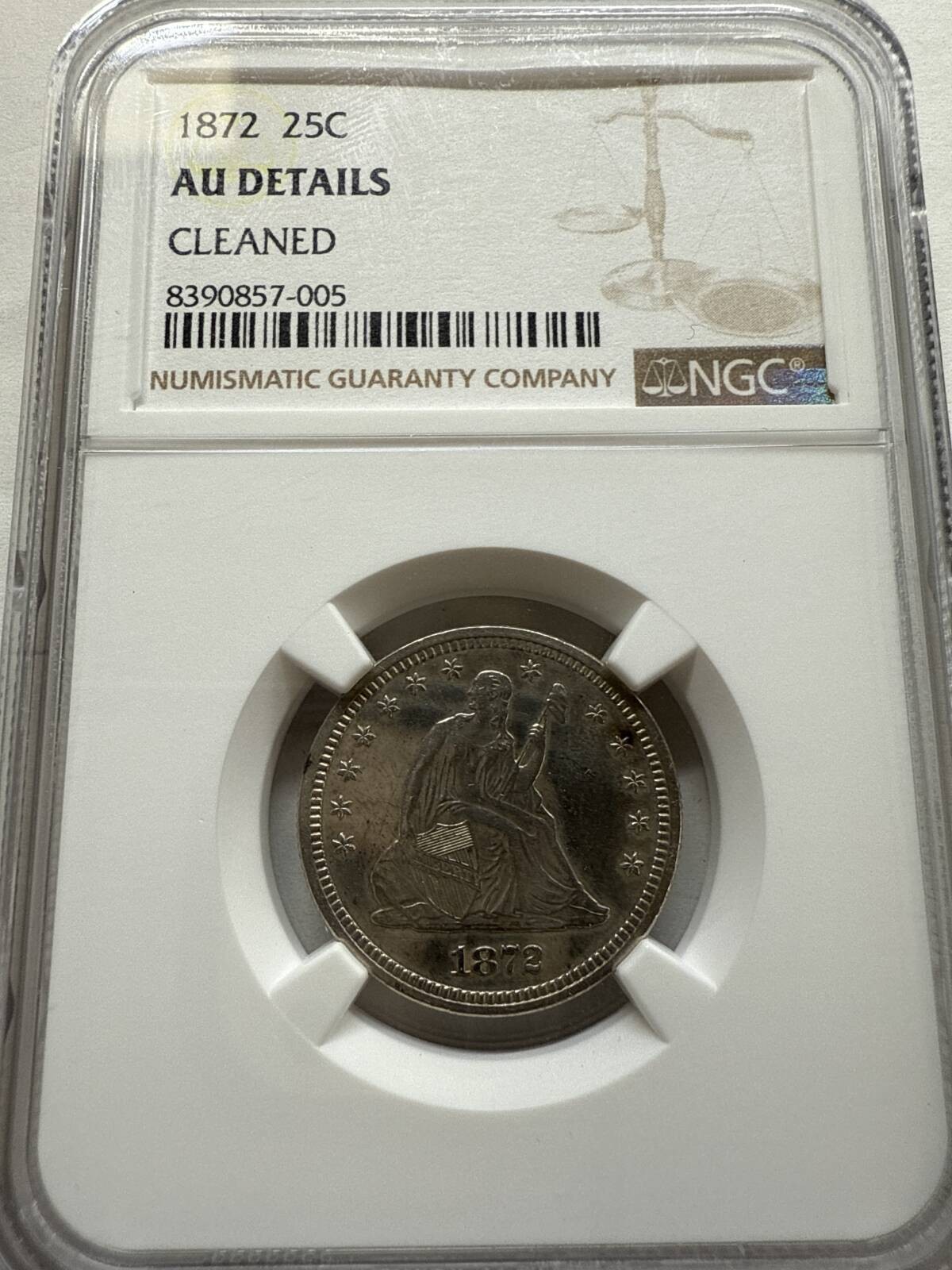 1872 Seated Liberty Quarter NGC AU Details CLEANED