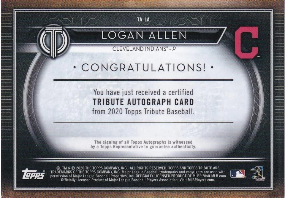 2020 Topps Tribute Cleveland Indians Logan Allen Tribute Autographs Blue 090/150 - Image 2 of 2