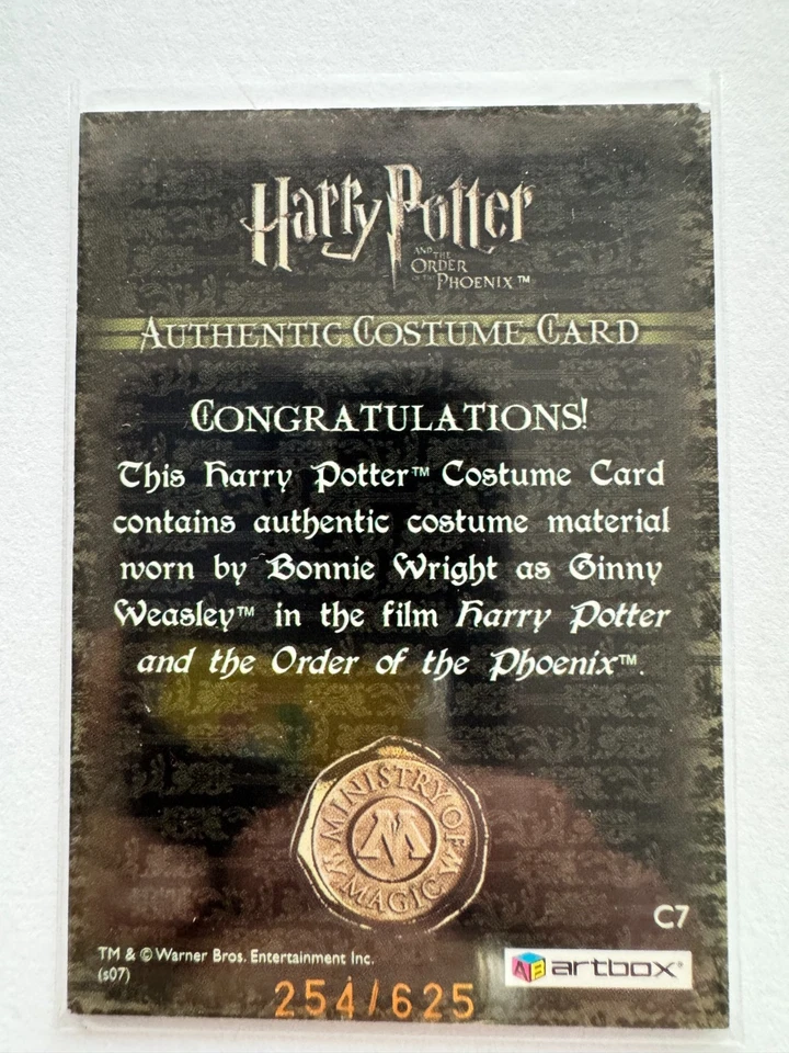 Harry Potter Bonnie Wright Ginny Weasley OOTP Costume Card C7 254/625 - Image 2 of 4
