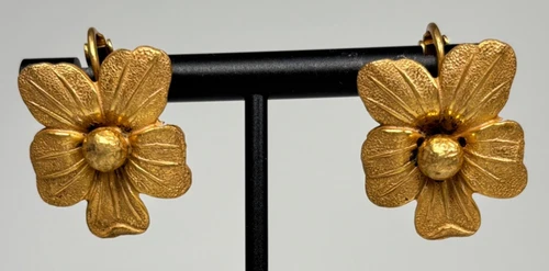 Vintage Miriam Haskell Earrings Floral Dogwood Clip On Screw Back Matte Goldtone