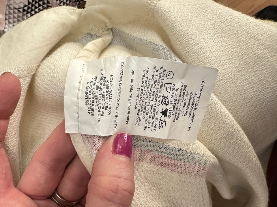 Blusa Tory Burch Crema Rayas Bordada Talla 4 Lino Mezcla Algodón Sin Mangas Foto 4 de 4